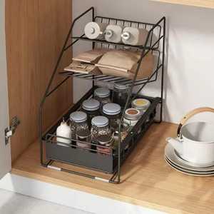 3 Tier Under Sink Organizer with Sliding <b>Storage</b> <b>Drawer</b> Carbon Steel Kitchen Cabinet Rack Multi Purpose Bathroom <b>Storage</b> Pot - Product Image 1