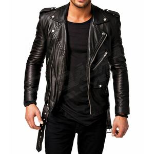 Mode col matelassé en peau d'agneau véritable manteaux de créateur personnalisés veste en cuir de moto pour hommes coupe ajustée avec poches - Product Image 6