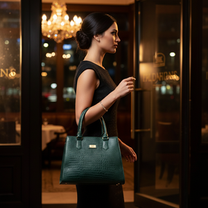 Bolso de mano de cuero genuino para mujer WRIZA |   Bolso Tote Verde Esmeralda con Textura de Cocodrilo, Cierre de Cremallera, Resistente al Agua, para Oficina, Viajes y Moda - Product Image 5