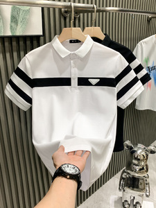 Men's Short Sleeve Polo Shirt Lightweight with Turn-<b>down</b> Collar Black and White Striped Internet Popular Fashion Brand - Product Image 1