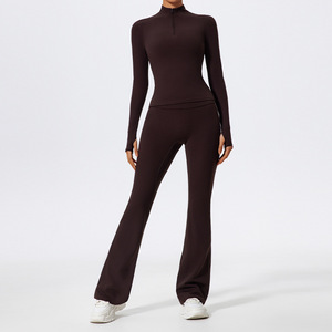 Ensemble de sport pour femme : Leggings et haut de yoga à manches longues zippé, pantalon évasé taille haute respirant - Product Image 3