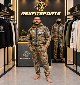 ชุดวอร์มลายพรางสำหรับผู้ชาย REXFIT SPORTS พร้อมงานปักแบบดิสเทรส พิมพ์ลายสกรีน เสื้อฮู้ดดี้และกางเกงจ็อกเกอร์แบบสปอร์ต - Product Image 2