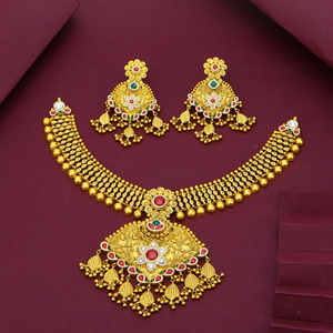 Collar de oro antiguo tradicional con pendientes de diseño estilo templo, gargantilla nupcial para boda, joyería festiva de estilo étnico. - Product Image 3