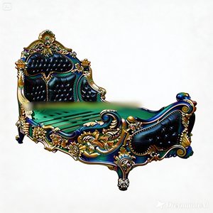 Cama de Madera de Teca y Caoba Francesa de Estilo Barroco, Tallada a Mano, Acabado Dorado, Color Azul Verde Antiguo, Lujosa y Celestial, Hecha en Indonesia, en Oferta - Product Image 2