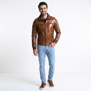 Blouson d'hiver réversible pour homme en cuir marron et doublure en viscose, fermeture éclair, col et poignets en tricot côtelé. - Product Image 1