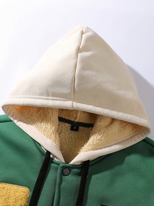 100% Cotton Hooded High Street Varsity <b>Jacket</b> Men Green Brown for Color Blocking Embroidered Patch Design Sherpa <b>Lining</b> Front - Product Image 2