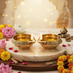 Diya traditionnel en laiton orné d'un dossier décoré des motifs sacrés de Vishnu, du Shanka, du Chakra et du Tilak, à prix de gros. - Product Image 4