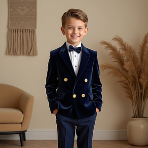 Costume de smoking bleu marine à double boutonnage pour garçons |   Costume de mariage pour enfants |   Ensemble de blazer formel pour porteur d'alliances |   Sur mesure - Product Image 1