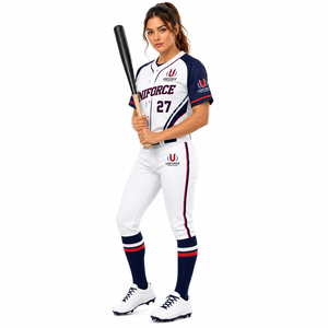 Uniforme de Béisbol Personalizado para Mujer, Conjunto Personalizado para Equipo, Nombre del Jugador de Alta Calidad, Logotipo Bordado en Blanco, Azul Marino y Rojo, Secado Rápido y Transpirable - Product Image 1