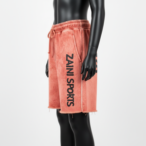 Shorts de détente en molleton de coton doux 320 GSM, délavé à l'acide, couleur corail, avec logo personnalisé imprimé - Product Image 3