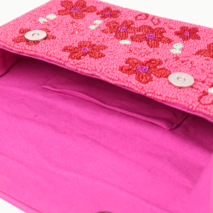 Sac à bandoulière perlé rose vif à motif floral pour femme, style bohème, fait main, avec rabat - Product Image 5