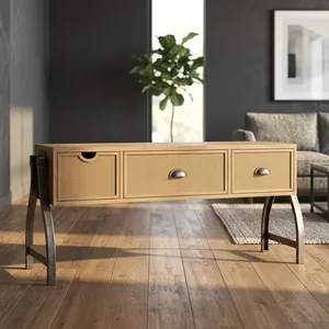 Meuble TV en bois et fer, petit modèle avec trois tiroirs frontaux en rotin, console multimédia de style industriel pour salon - Product Image 3