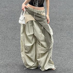 Pantalones Cargo Casuales de Cintura Alta para Mujer, Elásticos, de Pierna Ancha, con Parches a Rayas, Diseño Plano Fruncido, Bolsillos, Cierre Elástico en la Cintura, para Verano - Product Image 1