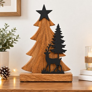 Wooden <b>Christmas</b> <b>Tree</b> Sculpture With Deer And Pine Silhouette Rustic <b>Tabletop</b> Decor For Winter Holiday Home Decoration - Product Image 2