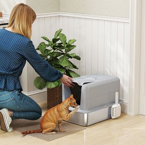 Lettiera per Gatti 2 in 1 XL in Acciaio Inox Grigio con Funzioni di Facile Pulizia, Coperchio Rimovibile, Paletta e Sacchetti Filtranti per Gatti di Piccola e Grande Taglia - Product Image 2