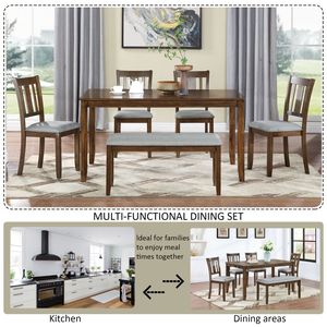Juego de Comedor de 6 Piezas, Mesa Rectangular de Madera con 4 Sillas Tapizadas y Banco para 6 Personas, Elegante Juego de Comedor - Product Image 4