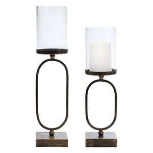 Decorative Antique Style Iron Candle Stand with Glass Shade and Oval Base Home Decoration - Product Image 1