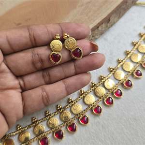 <b>Ruby</b> Kerala Pearl Small Choker <b>Necklace</b> 14K-24K Gold Plated Brass Religious Style - Product Image 2