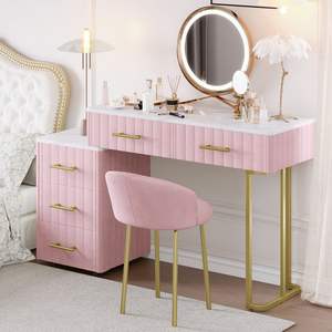 Velvet Upholstered Vanity <b>Desk</b> Chair 5 <b>Big</b> Drawers Makeup Table Marble-Look Sticker Top Pink Dressing Table Left/Right - Product Image 2
