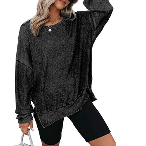 Pull en tricot surdimensionné pour femme, 100% coton, manches longues, col rond, épaules tombantes, couleur unie, pull décontracté d'automne, broderie noire - Product Image 2
