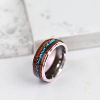 Bague en carbure de tungstène avec incrustation de bois et de turquoise concassée, alliance plate en argent, bijoux naturels d'extérieur en gros