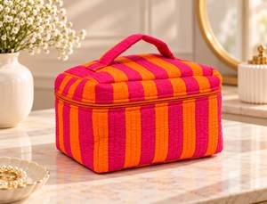 Bolsa de Cosméticos Acolchada de Algodón con Rayas Rosa y Naranja, Estuche de Maquillaje Portátil con Cierre, Organizador de Artículos de Aseo - Product Image 1
