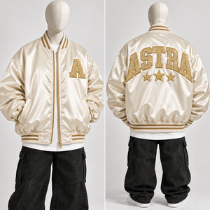 Astra <b>Men's</b> Beaded Varsity <b>Jacket</b> Gold Lettering Satin Back <b>Sequined</b> Preppy Style Regular Fit Autumn Zipper Closure - Product Image 4