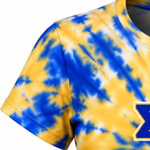 T-shirt Tie-Dye Bleu Jaune à Manches Courtes Col Rond Imprimé Graphique Décontracté en Coton pour Femme – Haut Tendance Estival Personnalisable - Product Image 2
