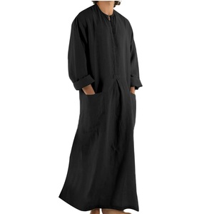 Robe musulmane islamique Khamis, Kaftan saoudien, Thobe Jubbah noir en coton et soie, vêtements traditionnels musulmans, Thobes - Meilleures ventes - Product Image 1