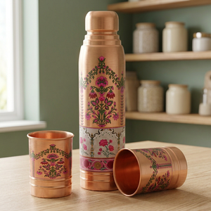 Botella de Agua Metálica con Diseño Floral y Tapa de Cobre, Set de Bebidas Portátil para Viaje - Product Image 4