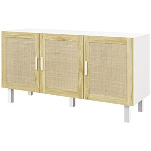 Credenza in Stile Villa con Ante in Rattan, 3 Porte e Ripiani Regolabili, Finitura Bianca e Naturale - Product Image 1