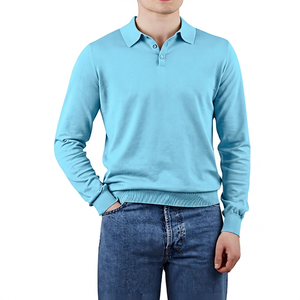 เสื้อถักแขนยาวผู้ชายสำหรับใส่เป็นเสื้อเชิ้ต ผ้าฝ้าย 100% ระบายอากาศได้ดี สีพื้น สไตล์ลำลอง สไตล์จีน สีน้ำเงินเทา - Product Image 4