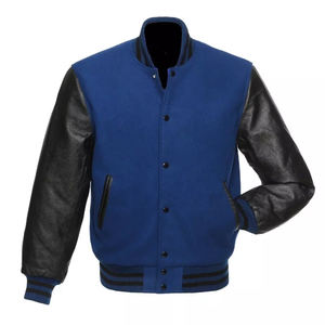 Vestes universitaires vierges en gros, corps en laine bleue et manches en cuir PU, style baseball - Product Image 5