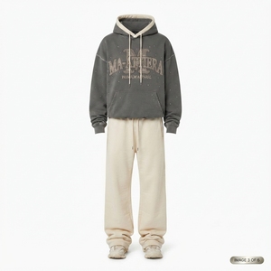 Conjunto de Sudadera con Capucha Gris Oscuro Personalizada y Pantalones Anchos de Felpa Crema, de Algodón, Estilo Urbano Oversize, Venta al por Mayor OEM - Product Image 3