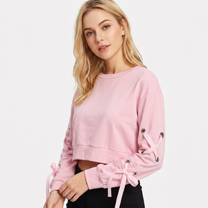 <b>Pink</b> Women's <b>Cropped</b> Sweatshirt Lace-Up Sleeves Bow Detail O-Neck Casual Solid Anti-Pilling Full Sleeve Knitted <b>Top</b> Spring Wear - Product Image 1