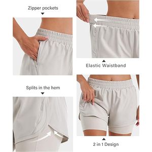 Shorts de course 2 en 1 pour femmes, couleur beige, shorts de sport fluides, polyester, séchage rapide, shorts de fitness, taille haute avec poche zippée - Product Image 5