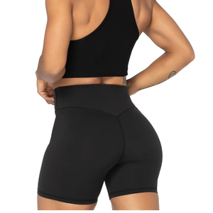Shorts de yoga sans couture taille haute pour femme, noir uni, en Spandex et Nylon, avec taille élastique, pour fitness et entraînement - Product Image 6