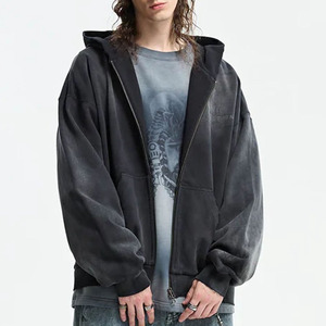 Custom Heavy <b>Weight</b> Double Zipper-up Hoodie Black Vintage Distressed Streetwear Acid Wash 400GSM Hoodie <b>Blank</b> Hoodies for Men - Product Image 6