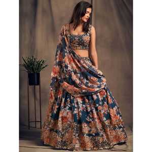 Festival d'organza imprimé floral bleu Lehenga Choli - Product Image 4