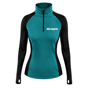 Women Quarter Zip Athletic <b>Top</b> Teal Long Sleeve Fitted Sports Training Shirt High Collar <b>Thumbhole</b> Performance Activewear - Product Image 1