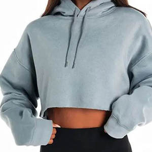 <b>Women</b> Cropped Hoodie Long Sleeve Solid Color Knitted Cotton Blend Casual Autumn Streetwear Pullover - Product Image 1