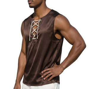 Wholesale Manufacturer Men's Satin V-Neck Lace Up Tank <b>Top</b> Sleeveless Casual Summer <b>Top</b> Custom Size Bulk OEM Tank <b>Tops</b> For Men - Product Image 6