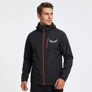 <b>Men's</b> <b>Black</b> Waterproof Hooded <b>Windbreaker</b> Jacket With Orange Zipper And Wing Logo Front Print Sporty Style For Winter Outdoor - Product Image 2