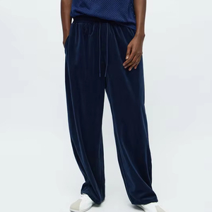 Custom Men Navy Velvet Wide Leg Pants <b>Drawstring</b> Casual Streetwear <b>Trousers</b> OEM Supplier Men's Pants & <b>Trousers</b> - Product Image 1