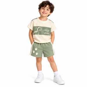 Conjunto de Camiseta y Pantalones Cortos con Estampado de Dinosaurios para Niños, Ropa Casual de Verano de Dos Piezas, Manga Corta, Cuello Redondo - Product Image 1