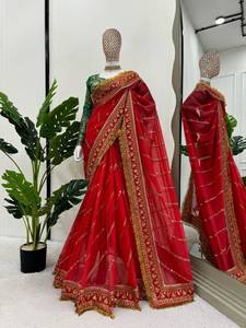 SHKK <b>Red</b> Designer Organza <b>Silk</b> Floor-Length Saree with Heavy Embroidery Sequin Zari Work Unstitched Blouse Wedding Occasion - Product Image 1