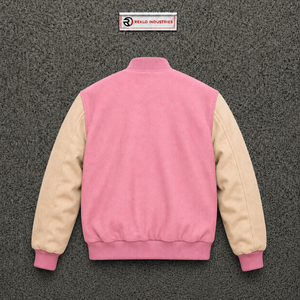 Chaqueta universitaria de lana rosa claro personalizada con mangas blancas crema para hombre, chaqueta bomber de béisbol Letterman premium al por mayor, clásica - Product Image 6