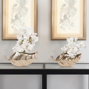 Juego de 2 jarrones de cerámica dorados con forma de hoja, maceteros contemporáneos para mesa - Product Image 3