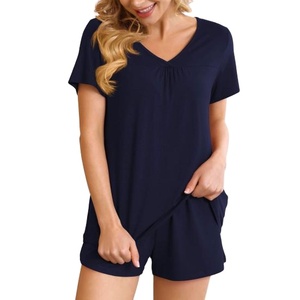 Conjunto de pijama de algodón de punto para mujer de alta calidad, camiseta de manga corta con cuello redondo, pantalones cortos, estampado de letras personalizado, Verano - Product Image 1