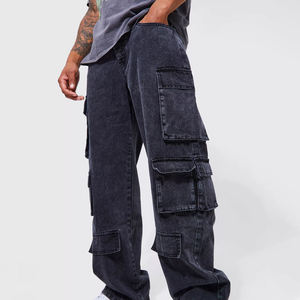Men Straight Leg Stonewashed Denim Cargo Pants Multiple Pockets <b>Elastic</b> <b>Waist</b> Workwear Style Midweight 100% Cotton Canvas - Product Image 1